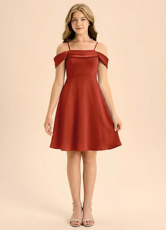 Azazie Anselie Junior A-Linie Plissee Stretch-Satin Kleid Rost image3