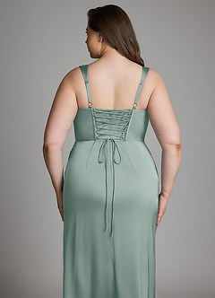 Azazie Sierra At-home Try On Dresses Dusty Rose A-Line Corset Stretch Satin Dress image14