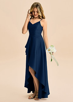 Azazie Eirlys Junior Dark Navy A-Line Pleated Stretch Satin Dress image3