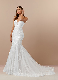 Azazie Camlynn Wedding Dresses Diamond White Mermaid V-Neck Sequins Tulle Dress image3