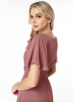 Azazie Aaliyah Bescheidene Brautjungfernkleider A-Linie Schaufel Gefaltet Chiffon Bodenlänge Kleid image4