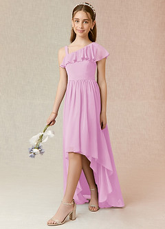Azazie Mango Junior Abito A-Line in Chiffon Increspato Rosa Confetto image3