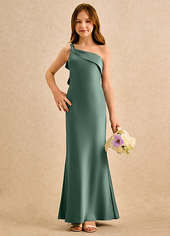 Azazie Almond Girls Formal Jurken voor bloemenmeisjes Kokerjurk Jurk van Stretch Satijn One-shoulder Eucalyptus image4