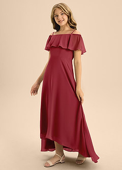Azazie Maggie Junior A-Linie Schulterfrei Chiffon Kleid Granatapfelrot image4