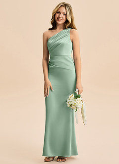 Azazie Akilah Junior Agave Sheath Pleated Stretch Satin Dress image5