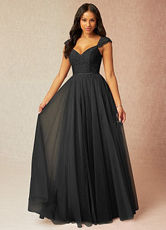 Azazie Luxi Vestidos de damas de honor Vestido de Negro de Tul de Corte en A con Plisado image1
