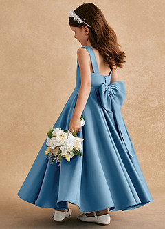 Azazie Honey Bear Flower Girl Dresses Steel Blue A-Line Pleated Matte Satin Dress image4