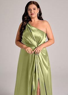 Azazie Brooke Abiti da Damigella Abito A-Line in Raso Metallizzato Monospalla Pistacchio image13