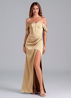 Azazie Asha Bridesmaid Dresses Champagne Sheath Off the Shoulder Stretch Satin Convertible Dress image1