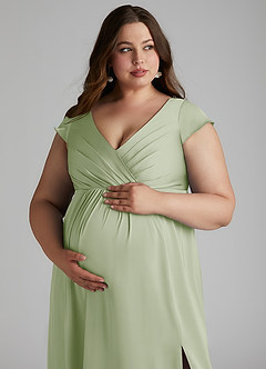Azazie Allessia Robes de demoiselle d'honneur de maternité Robe Trapèze Plissée Longueur ras du sol Satin extensible image13