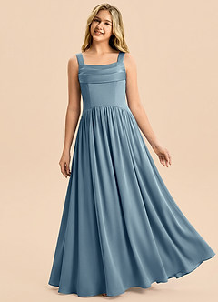 Azazie Drew Junior Robe Trapèze en Satin extensible Plissé Bleu Poussiéreux image1
