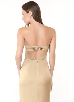 Azazie Leonis Bridesmaid Dresses Champagne Mermaid Pleated Stretch Satin Convertible Dress image2