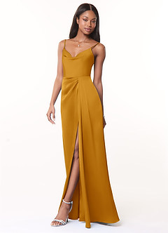 Azazie Brielle Bridesmaid Dresses Butterscotch A-Line Cowl Spaghetti Straps Stretch Satin Dress image3