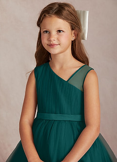 Azazie Lottie Flower Girl Dresses Peacock A-Line One Shoulder Satin Dress image2