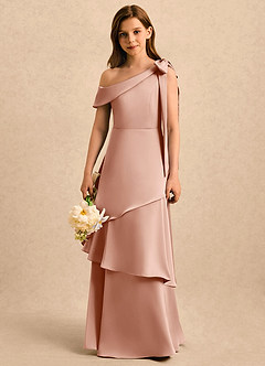 Azazie Shyloh Girls Formal Flower Girl Dresses Rose Gold A-Line Off the Shoulder Stretch Satin Dress image4