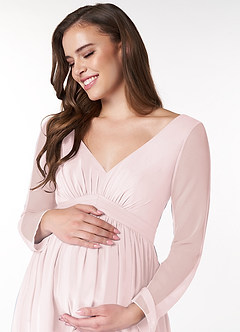 Azazie Teton Maternity Bridesmaid Dresses A-Line Long Sleeve Chiffon Floor-Length Dress image5