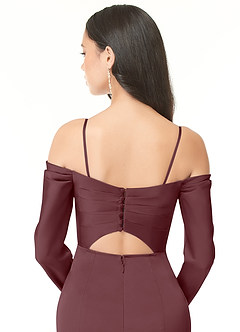 Azazie Hallie Bridesmaid Dresses Sangria Sheath Off-The-Shoulder Long Sleeve Stretch Satin Convertible Dress image8