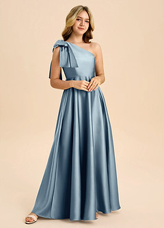 Azazie Penguin Junior Dusty Blue A-Line Bow Stretch Satin Dress image4