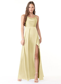 Azazie Naomie Final Sale Lemon Sorbet A-Line Cowl Neckline Side Slit Stretch Satin Dress image1