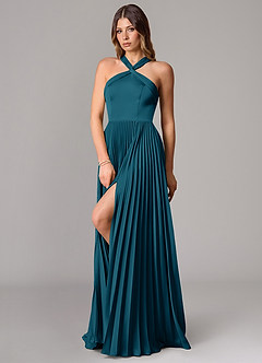 Azazie Afra Bridesmaid Dresses Ink Blue A-Line Pleated Stretch Satin Dress image4