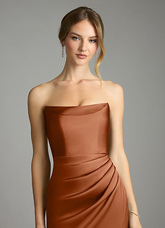 Azazie Leonis Bridesmaid Dresses Copper Mermaid Pleated Stretch Satin Convertible Dress image4