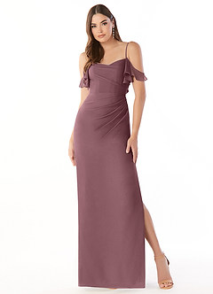 Azazie Emeralda At-home Try On Dresses Amethyst Sheath Off the Shoulder Chiffon Dress image3