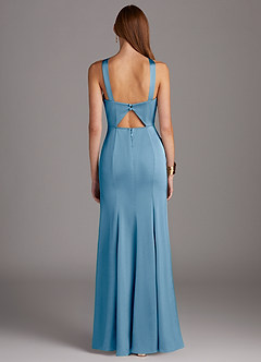 Azazie Elana Bridesmaid Dresses Steel Blue Sheath Side Slit Stretch Satin Dress image4