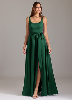 Azazie Elliott Bridesmaid Dresses Dark Green A-Line with Pockets Stretch Satin Dress image3