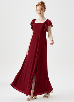 Azazie Bondi Junior Burgundy A-Line Side Slit Mesh Dress image6