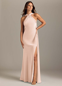 Azazie Kinsley Bridesmaid Dresses Blushing Pink Mermaid Side Slit Stretch Satin Dress image1