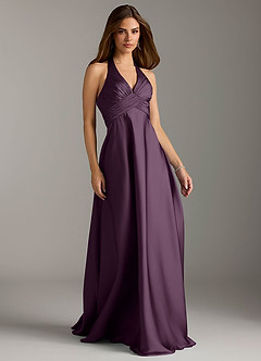 Azazie Tessie Bridesmaid Dresses Plum A-Line Pleated Stretch Satin Dress image1