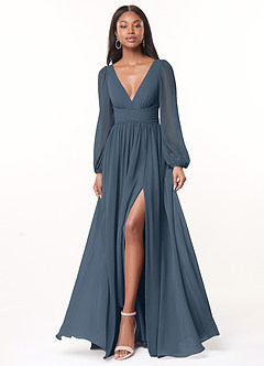Azazie Norah Bridesmaid Dresses Neptune A-Line V-Neck Long Sleeve Chiffon Dress image1