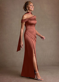 Azazie Kamala 신부의 어머니 드레스 쉬스 한쪽 어깨 스트레치 새틴 플로어 길이 드레스 image3