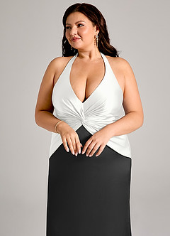 Azazie Valerie Bridesmaid Dresses Ivory Black Mermaid Pleated Stretch Satin Dress image13