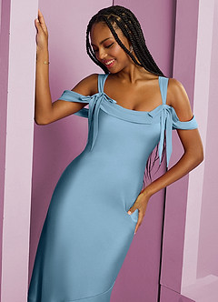 Barbie ♥ Azazie Vestidos de damas de honor Vestido de Azul Acero de Satén Elástico de Corte Recto con Plisado image7
