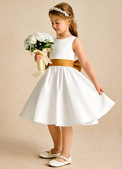 Azazie Sosie Flower Girl Dresses Ivory Butterscotch A-Line Pleated Matte Satin Dress image3