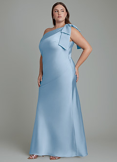 Azazie Yuanna Vestidos de damas de honor Vestido Azul Pálido de Satén Elástico de Corte Sirena con Un hombro image12