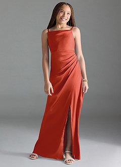 Azazie Leonis Junior Rust A-Line Pleated Stretch Satin Dress image1