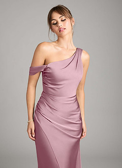 Azazie Madelyn Robes de demoiselle d'honneur Robe Sirène Convertible en Satin extensible Une épaule Mauve Vintage image4