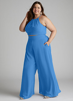 Azazie Kenzi Jurken voor bruidsmeisjes Jumpsuit van Chiffon Geplooid Blauwe Gaai image7