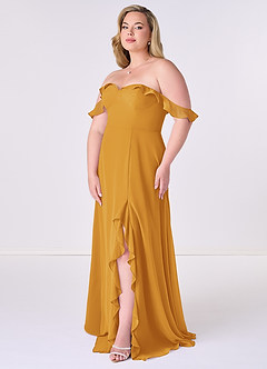 Barbie ♥ Azazie Robes de demoiselle d'honneur Robe Trapèze Convertible en Mousseline de soie Épaule décolletée Caramel écossais image9