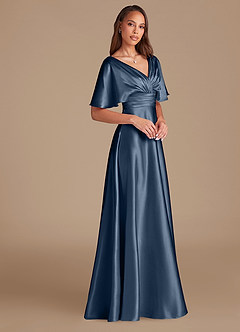 Azazie Pamela Bridesmaid Dresses Dark Navy A-Line Pleated Metallic Satin Dress image3