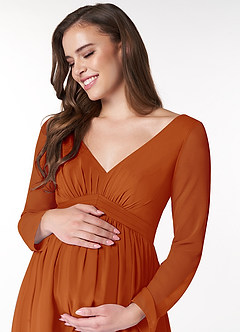 Azazie Teton Maternity Bridesmaid Dresses A-Line Long Sleeve Chiffon Floor-Length Dress image5