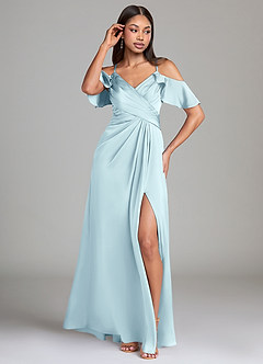 Azazie Dakota Jurken voor bruidsmeisjes Jurk van Stretch Satijn met A-Lijn Off the Shoulder Wolkenblauw image4