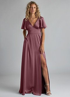 Azazie Kimber Bridesmaid Dresses Amethyst A-Line Ruched Stretch Satin Dress image1