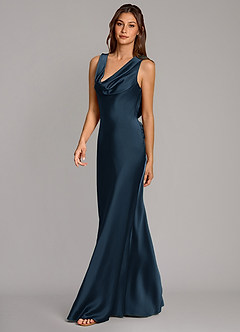 Azazie Cheryl Vestidos de damas de honor Vestido Azul Marino Oscuro de Satén Elástico de Corte Sirena image3
