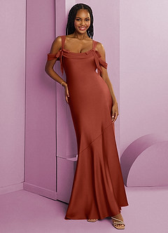 Barbie ♥ Azazie Jurken voor bruidsmeisjes Jurk van Stretch Satijn met Kolom Geplooid Terracotta image8