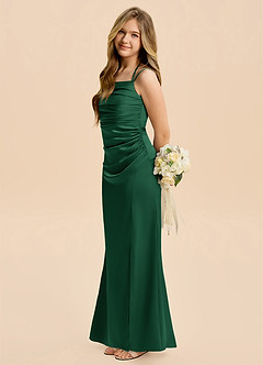 Azazie Nova Junior Dark Green A-Line Pleated Stretch Satin Dress image1