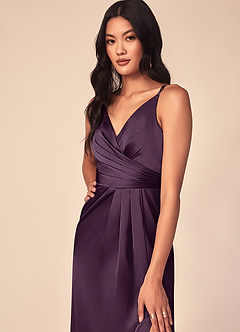 Azazie Aqua Bridesmaid Dresses Plum A-Line V-Neck Pleated Stretch Satin Dress image6