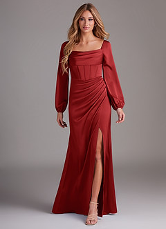 Azazie Charissa Bridesmaid Dresses Pomegranate Sheath Long Sleeve Stretch Satin Dress image1